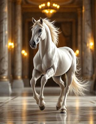The primary subject of the image is a white horse walking through a hallway. The setting is a large, ornate room with a marble floor. The visual style is a combination of photo and digital art, creating a realistic yet artistic representation of the horse. The colors and mood of the image are predominantly white, giving it a clean and elegant appearance.