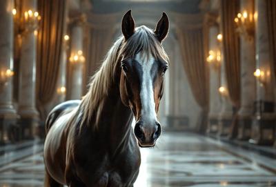 The primary subject of the image is a brown and white horse standing in a hallway. The setting is a large, ornate room with a marble floor. The visual style is a photo, capturing the horse's features and the room's details. The colors and mood of the image are warm and elegant, with the horse's brown and white fur contrasting against the marble floor and the room's decorative elements.