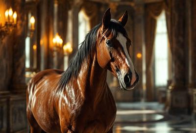 The primary subject of the image is a brown horse with a white stripe on its face. The horse is standing in a room with a marble floor, which serves as the setting for the scene. The visual style of the image is a photo, capturing the horse in its natural environment. The colors in the image are predominantly brown and white, creating a warm and earthy atmosphere.