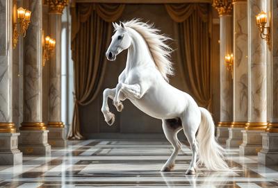The primary subject of the image is a white horse, which is the main focus of the scene. The horse is standing in a large, ornate room with a marble floor. The setting appears to be a palace or a grand building, as indicated by the presence of a chandelier and the overall grandeur of the space. The visual style of the image is a combination of photo and digital art, creating a realistic yet artistic representation of the horse. The colors and mood of the image are predominantly white and