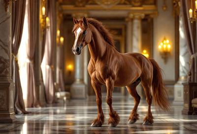 Primary subject: A brown horse with a white face standing in a room.

Setting/background: The horse is standing in a room with a marble floor, and there are chandeliers hanging from the ceiling.

Visual style: The image is a digital artwork.

Colors and mood: The dominant colors are brown and white, with a warm and elegant atmosphere.