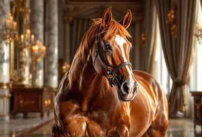 Primary subject: A brown and white horse with a black bridle.

Setting/background: The horse is standing in a room with a large window, a couch, and a chair. The room appears to be a living room or a similar space.

Visual style: The image is a photo of the horse.

Colors and mood: The horse has a brown and white coat, and the room has a warm and inviting atmosphere.