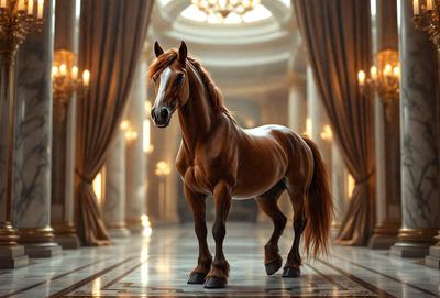 Primary subject: A brown horse with a white face standing in a room.

Setting/background: The horse is standing in a room with a marble floor, and there are curtains in the background.

Visual style: The image is a digital art or illustration of the horse.

Colors and mood: The horse has a brown and white color, and the overall atmosphere is elegant and majestic.