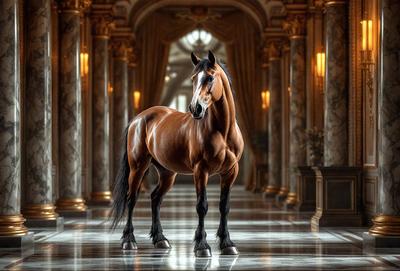 Primary subject: A brown horse standing in a hallway.

Setting/background: The horse is standing in a hallway with a marble floor. The hallway is part of a large building, possibly a palace or a mansion.

Visual style: The image is a photo of the horse in the hallway.

Colors and mood: The dominant colors in the image are brown and white, with the brown horse standing out against the marble floor. The overall atmosphere of the image is elegant and majestic