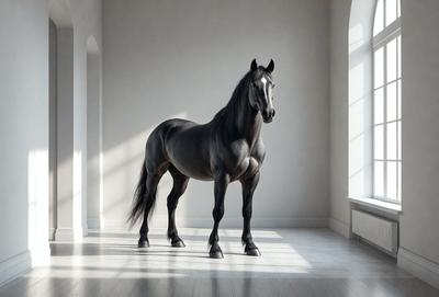 Primary subject: A black horse standing in a white room.

Setting/background: The horse is standing in a white room, which appears to be a large, empty space.

Visual style: The image is a digital art or illustration of a horse in a white room.

Colors and mood: The dominant colors are white and black, creating a stark and minimalist atmosphere.