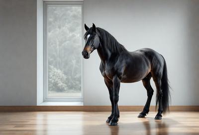Primary subject: A black horse standing in a room.

Setting/background: The horse is standing in front of a window, which provides a view of the outdoors.

Visual style: The image is a digital art or illustration of the horse.

Colors and mood: The image has a black and white color scheme, giving it a classic and timeless feel.