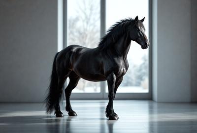 Primary subject: A black horse standing in a room.

Setting/background: The horse is standing in a room with a window in the background.

Visual style: The image is a photo of the horse.

Colors and mood: The horse is black, and the overall atmosphere is calm and focused.