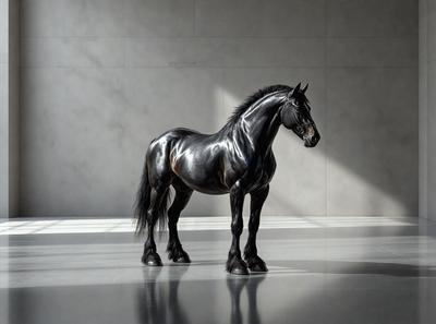 Primary subject: A black horse standing in a room.

Setting/background: The horse is standing in a room with a white wall.

Visual style: The image is a digital artwork.

Colors and mood: The dominant colors are black and white, creating a stark and minimalist atmosphere.