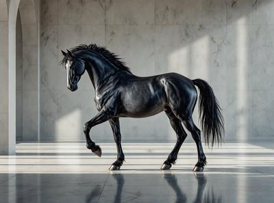 Primary subject: A black horse standing in a room.

Setting/background: The horse is standing in a room with a white marble floor.

Visual style: The image is a digital artwork.

Colors and mood: The dominant colors are black and white, creating a stark and minimalist atmosphere.