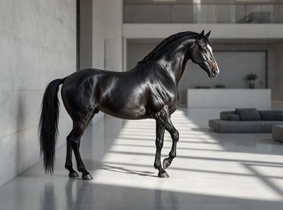 Primary subject: A black horse standing in a room.

Setting/background: The horse is standing in a room with a white wall and a window.

Visual style: The image is a black and white photo.

Colors and mood: The dominant colors are black and white, creating a classic and timeless atmosphere.