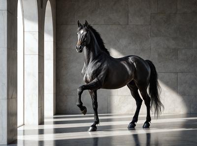 The primary subject of the image is a horse, which is the main object, scene, or focus of the image. The horse is standing in a large, empty room with a marble floor. The setting/background consists of a stone wall and a marble surface, which adds to the overall atmosphere of the image. The visual style of the image is a photo, capturing the horse in its natural environment. The colors and mood of the image are predominantly dark, with the horse being the main source of light and contrast.