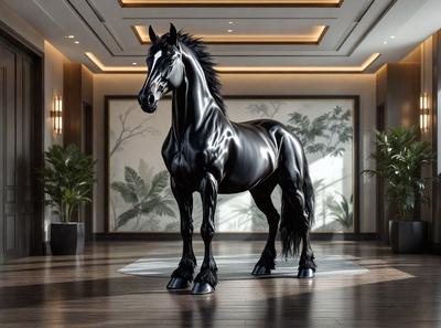 The primary subject of the image is a large black horse statue. The setting is a room with a wooden floor, and the visual style appears to be a photo. The horse statue is the main focus of the image, and the overall atmosphere is dark and dramatic.