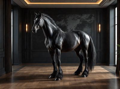 Primary subject: A black horse standing in a room.

Setting/background: The horse is standing in a room with a wooden floor.

Visual style: The image is a black and white photo.

Colors and mood: The dominant colors are black and white, creating a classic and timeless atmosphere.