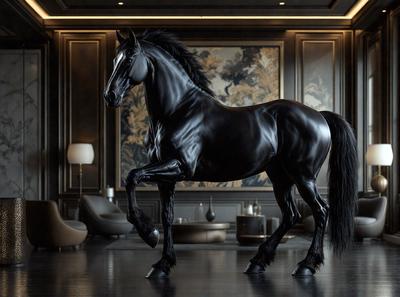 Primary subject: A black horse standing in a room.

Setting/background: The horse is standing in a room with a large painting on the wall. The room appears to be a living room or a similar space.

Visual style: The image is a digital art or illustration of a horse.

Colors and mood: The room has a dark and moody atmosphere, with the black horse being the main focal point.