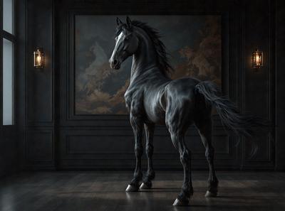 Primary subject: A horse standing in a room.

Setting/background: The horse is standing in front of a painting, which is hanging on the wall. The room appears to be dark, creating a moody atmosphere.

Visual style: The image is a digital art or illustration, featuring a detailed and realistic representation of the horse.

Colors and mood: The dominant colors in the image are black and white, with the horse being the main focus. The overall atmosphere is dark and dramatic, emphas
