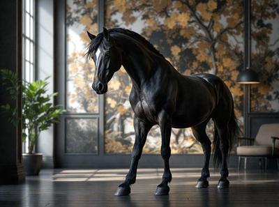 Primary subject: A black horse standing in a room.

Setting/background: The horse is standing in front of a wall with a painting of trees on it.

Visual style: The image is a digital art or illustration of a horse.

Colors and mood: The dominant colors are black and gold, giving the image a sophisticated and elegant appearance.
