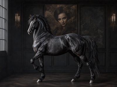 Primary subject: A black horse standing in a room.

Setting/background: The horse is standing in front of a painting, which is hanging on the wall. The room appears to be dark and somewhat eerie.

Visual style: The image is a digital art or illustration, featuring a black horse and a painting as the main elements.

Colors and mood: The dominant colors in the image are black and grey, creating a moody and mysterious atmosphere.