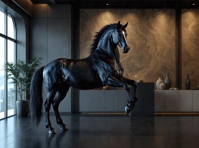 The primary subject of the image is a black horse standing in a room. The setting is a room with a wall, and the visual style appears to be a photo. The horse is the main focus of the image, and the colors are predominantly black, giving the scene a dark and dramatic atmosphere.