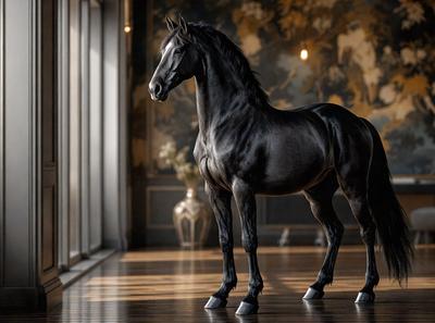 The primary subject of the image is a black horse standing in a room. The setting is a room with a large window, and the visual style appears to be a photo. The horse is the main focus of the image, and its presence creates a sense of elegance and power. The colors in the image are predominantly black and white, which adds to the overall mood and atmosphere of the scene.