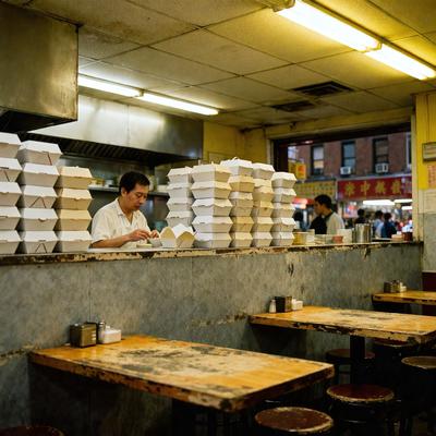 The primary subject of the image is a man standing behind a counter in a restaurant. He is preparing food in a kitchen area, surrounded by numerous stacks of takeout boxes. The setting is a restaurant with a counter and a kitchen area. The visual style is a photo, capturing the man and the food preparation process. The colors and mood of the image are predominantly yellow, creating a warm and inviting atmosphere.