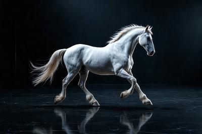 Primary subject: A white horse with a flowing mane.

Setting/background: A dark room with a black background.

Visual style: A black and white photo.

Colors and mood: The image is in black and white, giving it a classic and timeless feel. The white horse stands out against the dark background, creating a sense of elegance and grace.