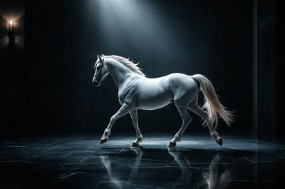 Primary subject: A white horse with a flowing mane.

Setting/background: A dark room with a bright light shining on the horse.

Visual style: A photo of the horse in motion.

Colors and mood: The horse is white, and the overall atmosphere is dynamic and captivating.
