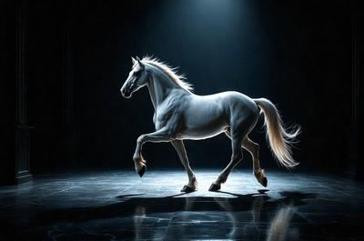 The primary subject of the image is a white horse with a flowing mane, standing in a darkened room. The horse appears to be walking or running, with its head up and mane flowing. The setting is a dark room, which contrasts with the white horse, creating a dramatic and striking visual effect. The visual style of the image is a combination of photo and digital art, as it captures the horse's movement and the dark room's atmosphere. The colors in the image are predominantly black and