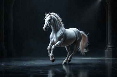 Primary subject: A white horse with a flowing mane.

Setting/background: A dark, empty room.

Visual style: A black and white photo.

Colors and mood: The image is black and white, giving it a classic and timeless feel. The horse's white fur stands out against the dark background, creating a striking contrast. The overall atmosphere is elegant and graceful, as the horse gracefully moves across the room.
