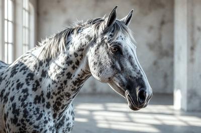Primary subject: A horse with a spotted pattern.

Setting/background: A concrete wall.

Visual style: A photo of the horse.

Colors and mood: The horse has a spotted pattern, and the overall atmosphere is calm and focused.