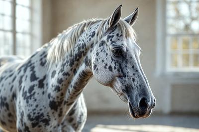 The primary subject of the image is a horse with a spotted pattern on its body. The horse is standing in a setting with a wall in the background. The visual style of the image is a photo, capturing the horse's unique features. The colors and mood of the image are predominantly gray and brown, giving it a calm and natural atmosphere.