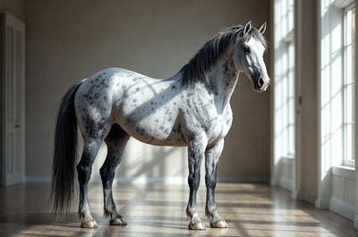 The primary subject of the image is a horse standing in a room. The horse is positioned in the center of the room, and it appears to be the main focus of the image. The setting is a room with a window, and the visual style is a photo. The horse is the primary subject, and it is the center of attention in the image. The colors and mood of the image are predominantly neutral, with the horse being the main source of color and interest.