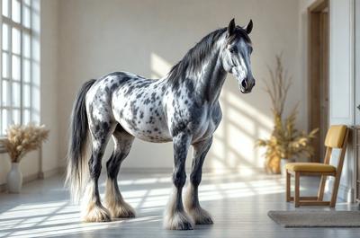 The primary subject of the image is a spotted horse standing in a room. The horse is positioned in the center of the scene, and its presence creates a sense of depth and interest in the image. The setting appears to be a room with a chair and a potted plant, which adds to the overall atmosphere of the scene. The visual style of the image is a combination of photo and digital art, creating a unique and captivating representation of the horse. The colors and mood of the image are predominantly neutral, with