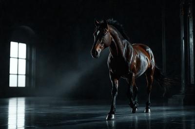 Primary subject: A brown horse with a black mane and tail.

Setting/background: A dark room with a light source shining on the horse.

Visual style: A black and white photo of the horse.

Colors and mood: The horse appears to be in a dark setting, with the light source creating a contrasting effect. The overall atmosphere is dramatic and moody.