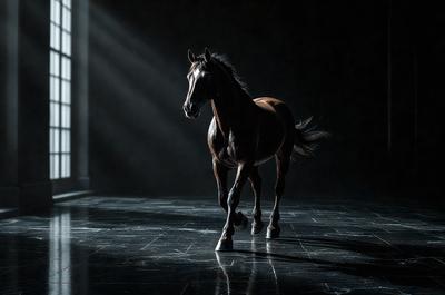 Primary subject: A brown horse with a black mane and tail.

Setting/background: The horse is standing on a dark surface, possibly a stage or a dark room.

Visual style: The image is a black and white photo.

Colors and mood: The dominant colors are black and white, creating a moody and dramatic atmosphere.
