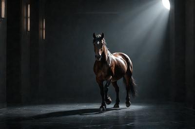 The primary subject of the image is a brown horse standing in a dark room. The setting appears to be a studio or a darkened room, possibly for a photoshoot or a performance. The visual style of the image is a photo, capturing the horse in a dramatic and moody atmosphere. The horse is the main focus of the image, and its presence in the dark room adds a sense of mystery and intensity to the scene.