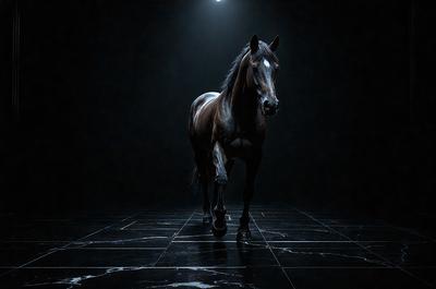 Primary subject: A horse walking on a black and white checkered floor.

Setting/background: The horse is walking on a black and white checkered floor, which is the main focus of the image.

Visual style: The image is a black and white photo.

Colors and mood: The black and white checkered floor creates a contrasting and moody atmosphere in the image.