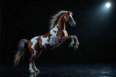 Primary subject: A brown and white spotted horse.

Setting/background: A dark room with a light source.

Visual style: A photo of the horse.

Colors and mood: The horse is brown and white, and the overall atmosphere is dark and dramatic.