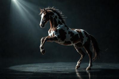 Primary subject: A brown and white spotted horse.

Setting/background: A dark room with a single light source.

Visual style: Digital art.

Colors and mood: The horse is the main focus, and its brown and white spots create a contrast against the dark background. The overall atmosphere is dramatic and captivating.