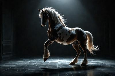 The primary subject of the image is a brown and white horse with a flowing mane, standing in a darkened room. The horse appears to be in motion, possibly dancing or performing a trick. The setting is a black background, which contrasts with the horse's white and brown fur. The visual style of the image is a combination of photo and digital art, creating a dynamic and captivating scene. The colors and mood of the image are dark and dramatic, emphasizing the horse's movement and the intensity