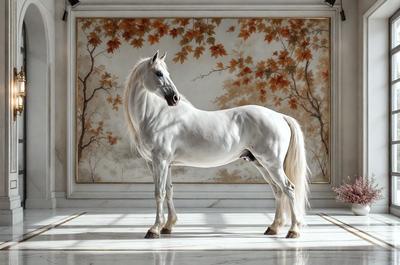 The primary subject of the image is a white horse standing on a marble floor. The horse is positioned in the center of the scene, and its body is facing the viewer. The setting is a room with a white wall, and the visual style appears to be a combination of a photo and a painting. The colors in the image are predominantly white, giving the scene a clean and elegant appearance.