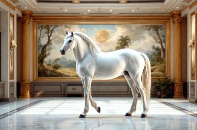 Primary subject: A white horse standing in a room.

Setting/background: The horse is standing in a room with a painting in the background.

Visual style: The image is a photo of the horse.

Colors and mood: The horse is white, and the overall atmosphere is calm and serene.