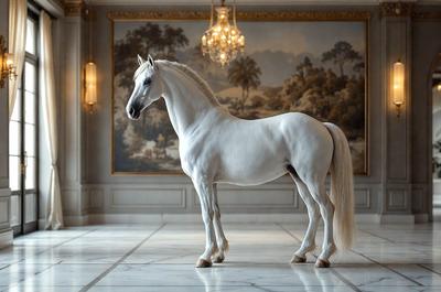 The primary subject of the image is a white horse standing in a room. The horse is positioned in the center of the scene, and it appears to be the main focus of the image. The setting is a room with a large painting in the background, which adds to the overall atmosphere of the scene. The visual style of the image is a photo, capturing the horse in its natural environment. The colors in the image are predominantly white, giving the scene a clean and elegant appearance.