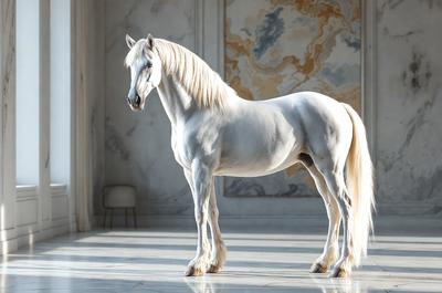 The primary subject of the image is a white horse standing in a room. The horse is positioned in the center of the scene, and it appears to be the main focus of the image. The setting is a room with a marble wall, which serves as the background for the horse. The visual style of the image is a photo, capturing the horse in its natural environment. The colors in the image are predominantly white, giving the scene a clean and elegant appearance.