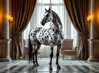 Primary subject: A spotted horse standing in a room.

Setting/background: The horse is standing in a room with a chair and a couch in the background. The room appears to be a living room or a similar indoor space.

Visual style: The image is a photo of the horse in the room.

Colors and mood: The horse is black and white, and the room has a neutral color palette. The overall atmosphere is calm and serene.