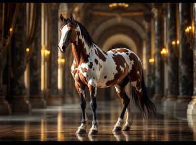 Primary subject: A brown and white spotted horse standing in a hallway.

Setting/background: The horse is standing in a hallway, which appears to be part of a large building.

Visual style: The image is a photo of the horse in the hallway.

Colors and mood: The horse has a brown and white spotted coat, and the overall atmosphere of the image is elegant and majestic.