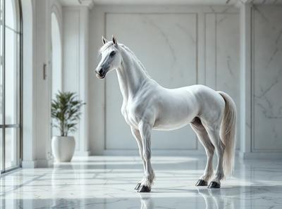 The primary subject of the image is a white horse standing in a large, white room. The setting appears to be a spacious indoor area, possibly a stable or a showroom. The visual style of the image is a photo, capturing the horse in its natural environment. The colors in the image are predominantly white, giving the scene a clean and minimalist appearance. The overall mood of the image is calm and serene, as the horse stands alone in the vast, white space.