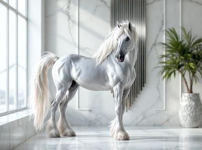 The primary subject of the image is a white horse standing in a room. The setting is a white room with a marble wall, and the visual style appears to be a digital art or illustration. The horse is the main focus of the image, and its white color and overall appearance create a clean and elegant atmosphere.