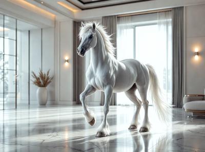 The primary subject of the image is a white horse standing in a large, well-lit room. The horse appears to be walking on a marble floor, which adds to the elegance of the scene. The setting is a modern, indoor environment, possibly a hotel lobby or a showroom. The visual style of the image is a realistic, high-quality photograph. The colors and mood of the image are predominantly white, giving it a clean and sophisticated appearance.