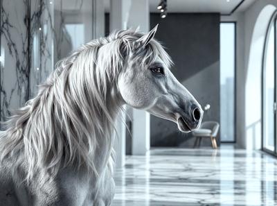 The primary subject of the image is a white horse standing in a large, empty room. The setting is a modern, clean environment with a white wall and a glass door. The visual style is a digital art or illustration, creating a realistic and detailed representation of the horse. The colors and mood of the image are predominantly white, giving it a calm and serene atmosphere.
