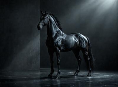 Primary subject: A black horse standing in a dark room.

Setting/background: The horse is standing in a dark room, with a wall visible in the background.

Visual style: The image is a black and white photo.

Colors and mood: The image has a moody and dramatic atmosphere, with the black horse and the dark room creating a sense of mystery and intensity.